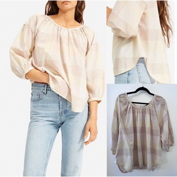 Everlane Ruched Air Peasant Blouse Top 12 Oversized Toffee Plaid Boho Keyhole - Picture 1 of 9